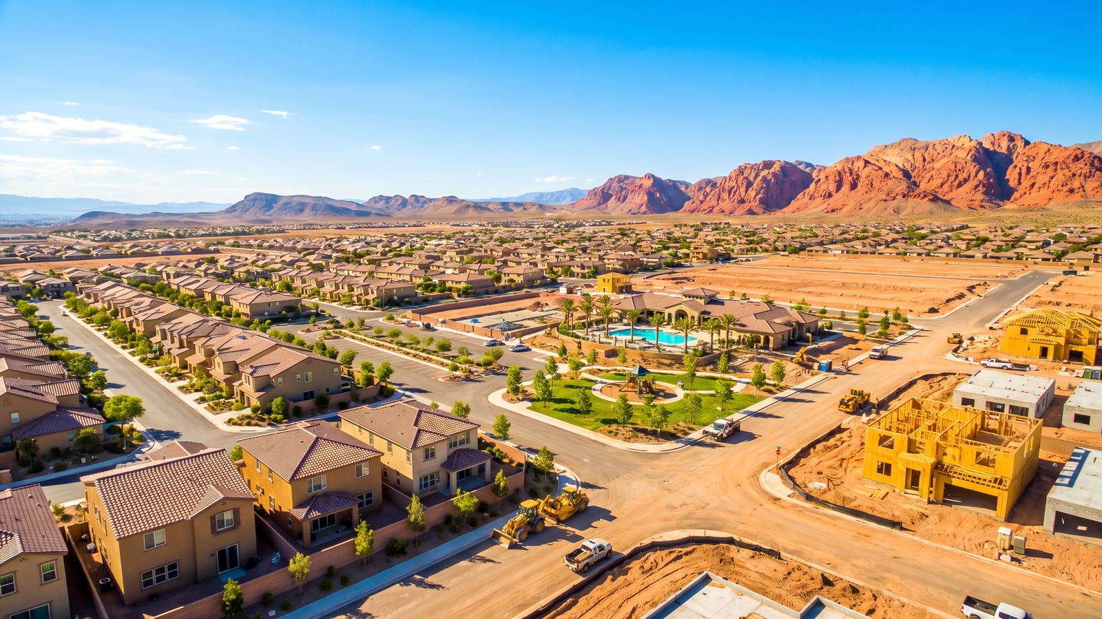 Aerial view of finished homes beside freshly graded lots in a Las Vegas master plan under construction in 2026