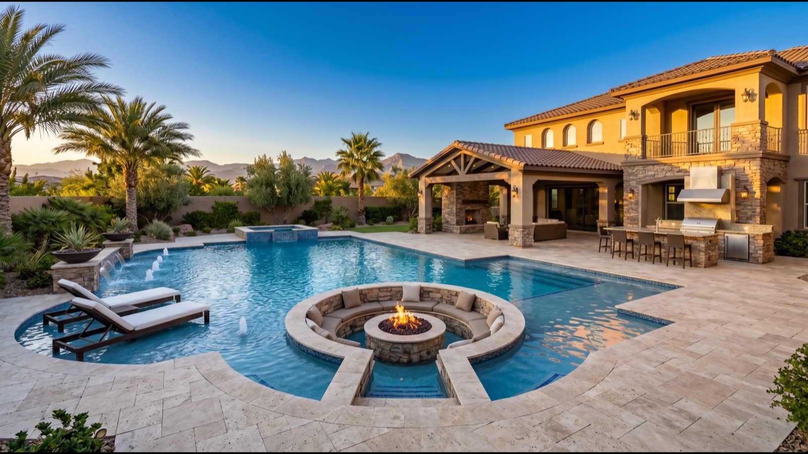 Mesa Ridge contemporary outdoor pool deck with integrated outdoor kitchen fire feature multi-slide door access to interior great room and Red Rock Canyon view at twilight