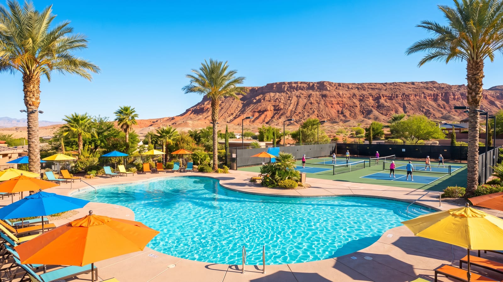 Resort-style pool and pickleball courts with red mesa backdrop at an active-adult community in Mesquite Nevada