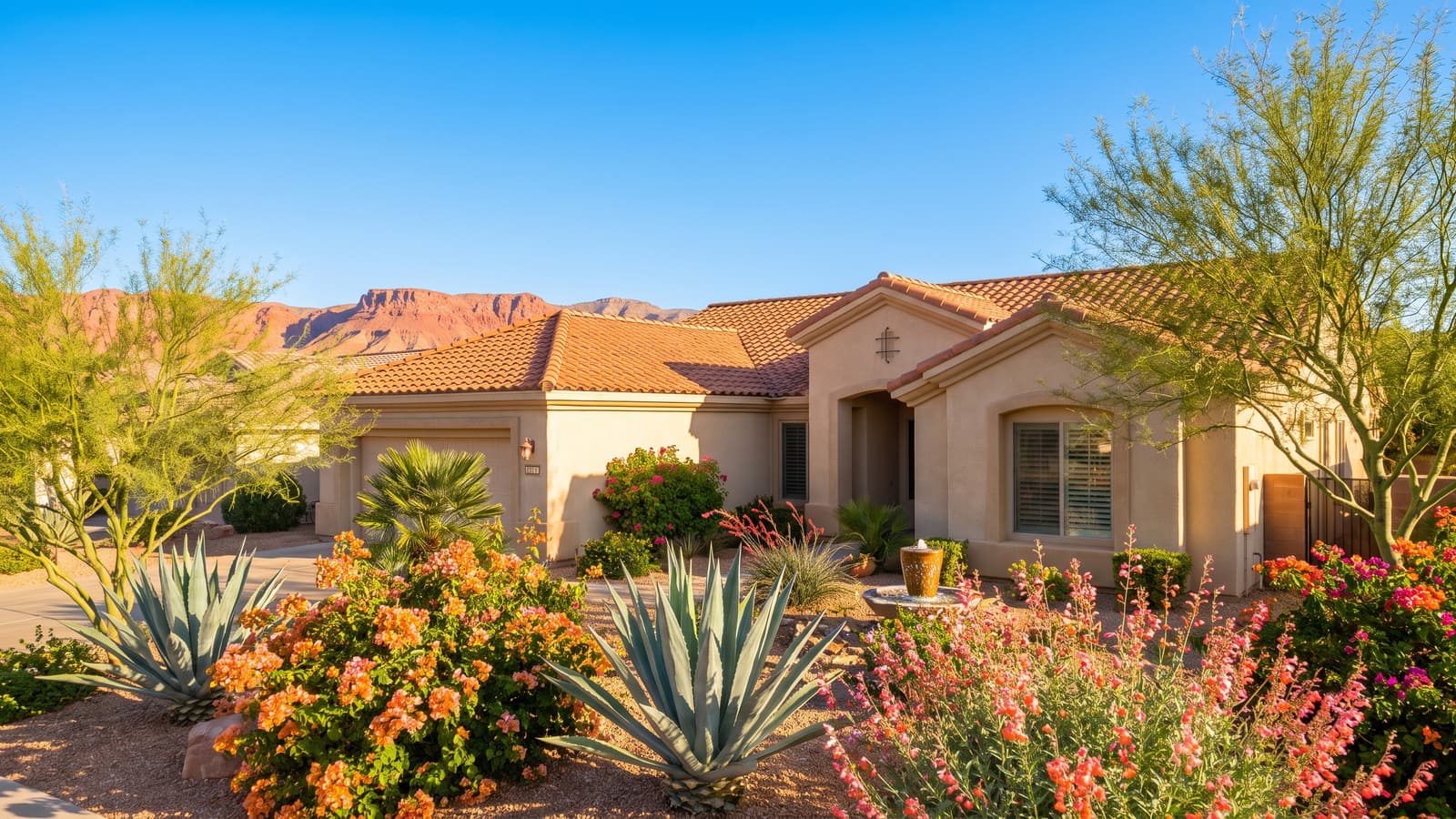Single-story stucco home with blooming desert landscaping and red mesa views in Mesquite Nevada