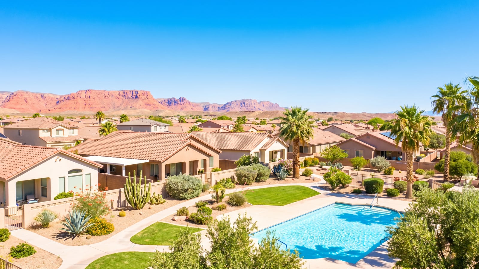 Newer desert neighborhood streetscape in Mesquite, Nevada, with single-story homes suited to active-adult buyers