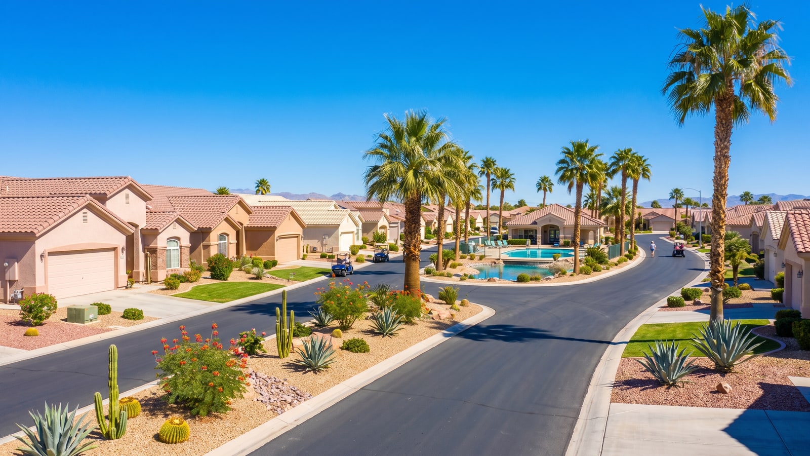 Active-adult community streetscape in Mesquite Nevada with single-story homes, palm trees, and tidy desert front yards