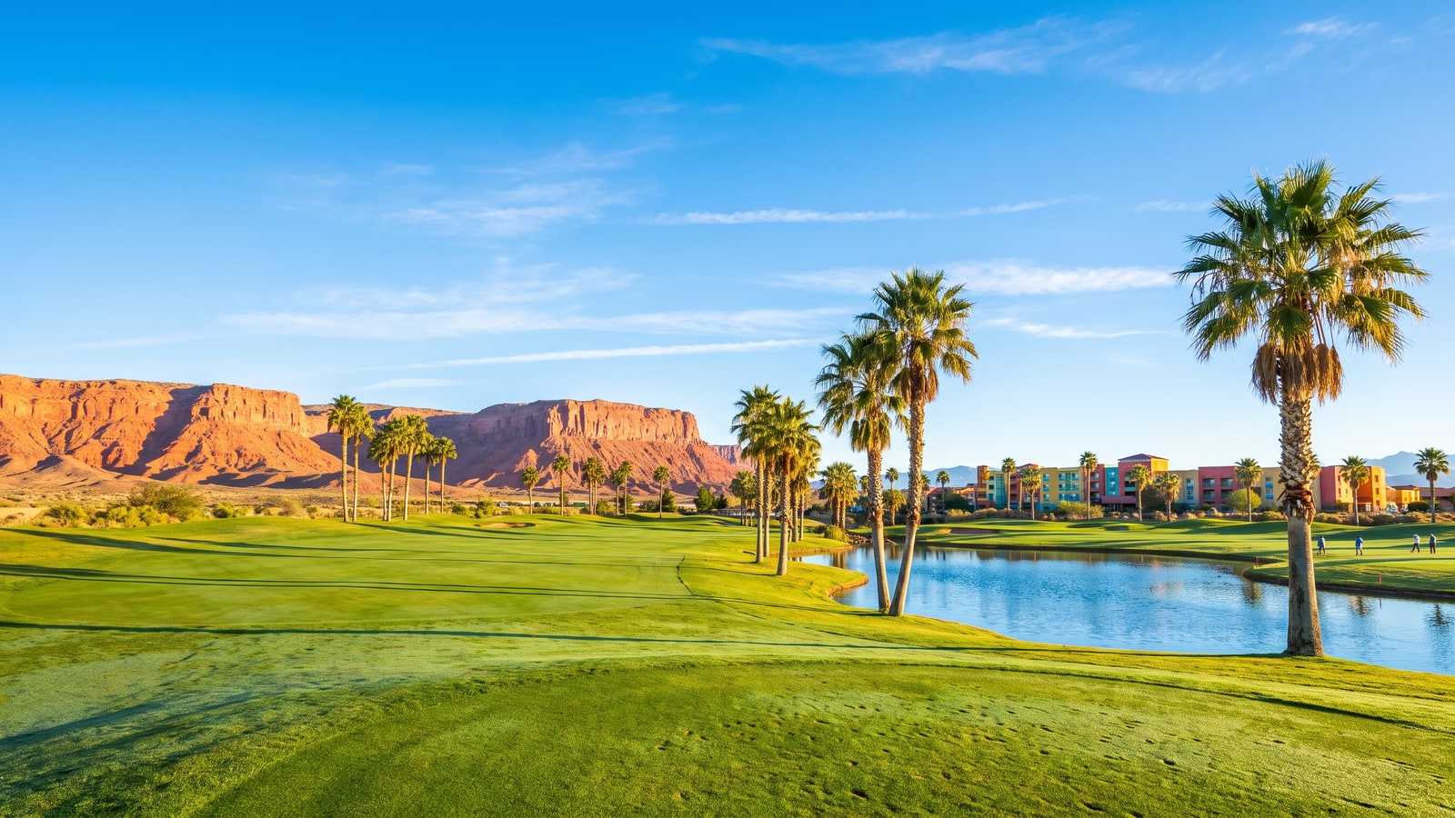 Lush green golf fairway with palm trees and red sandstone mesa cliffs on a bright morning in Mesquite Nevada