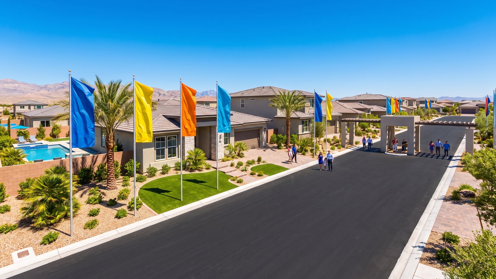 Las Vegas builder model home row in a new construction community — every model is built to the top of the option list
