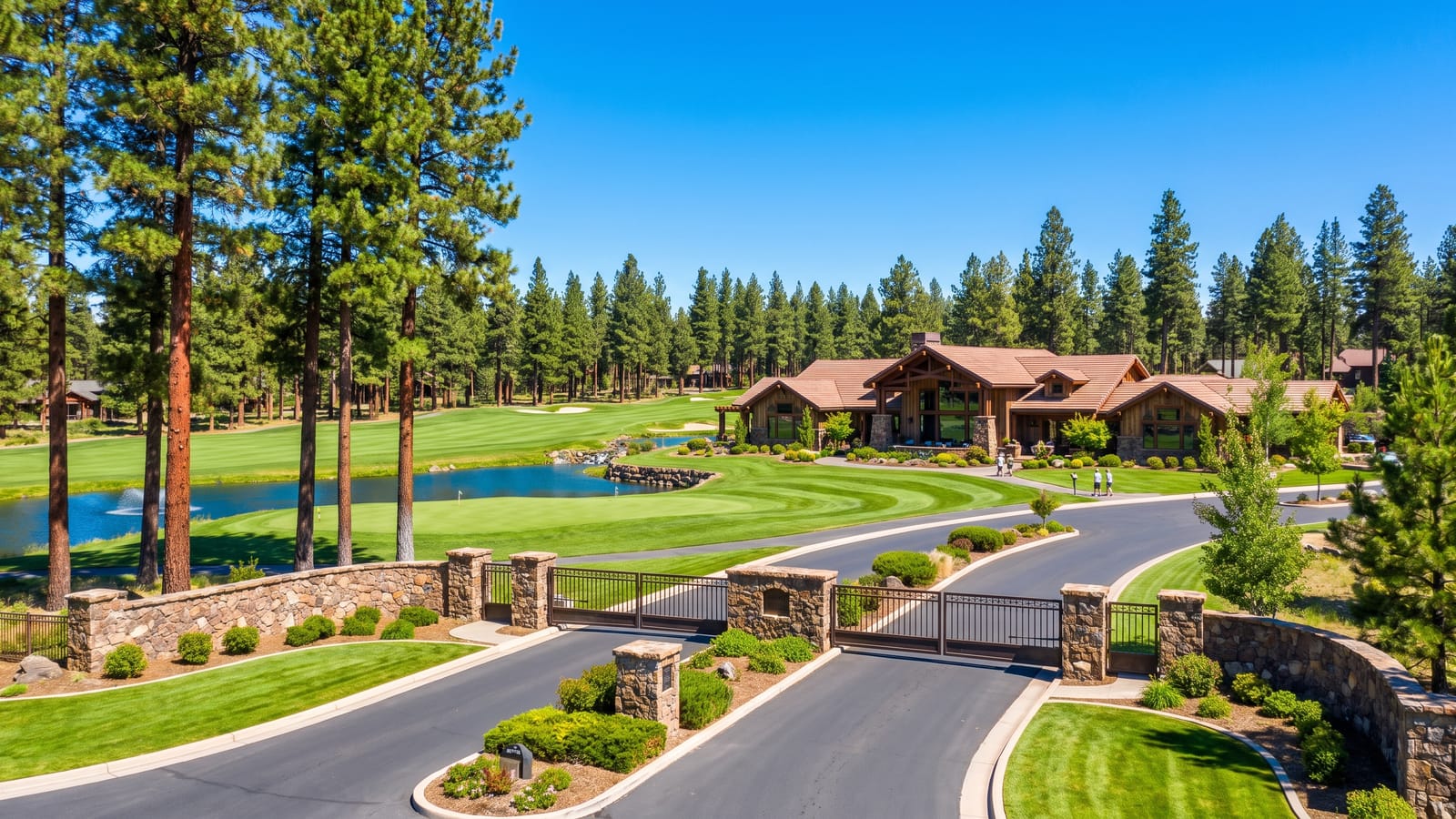 Stone-pillared guard gate and golf clubhouse at Montreux, a guard-gated golf community in the South Reno foothills