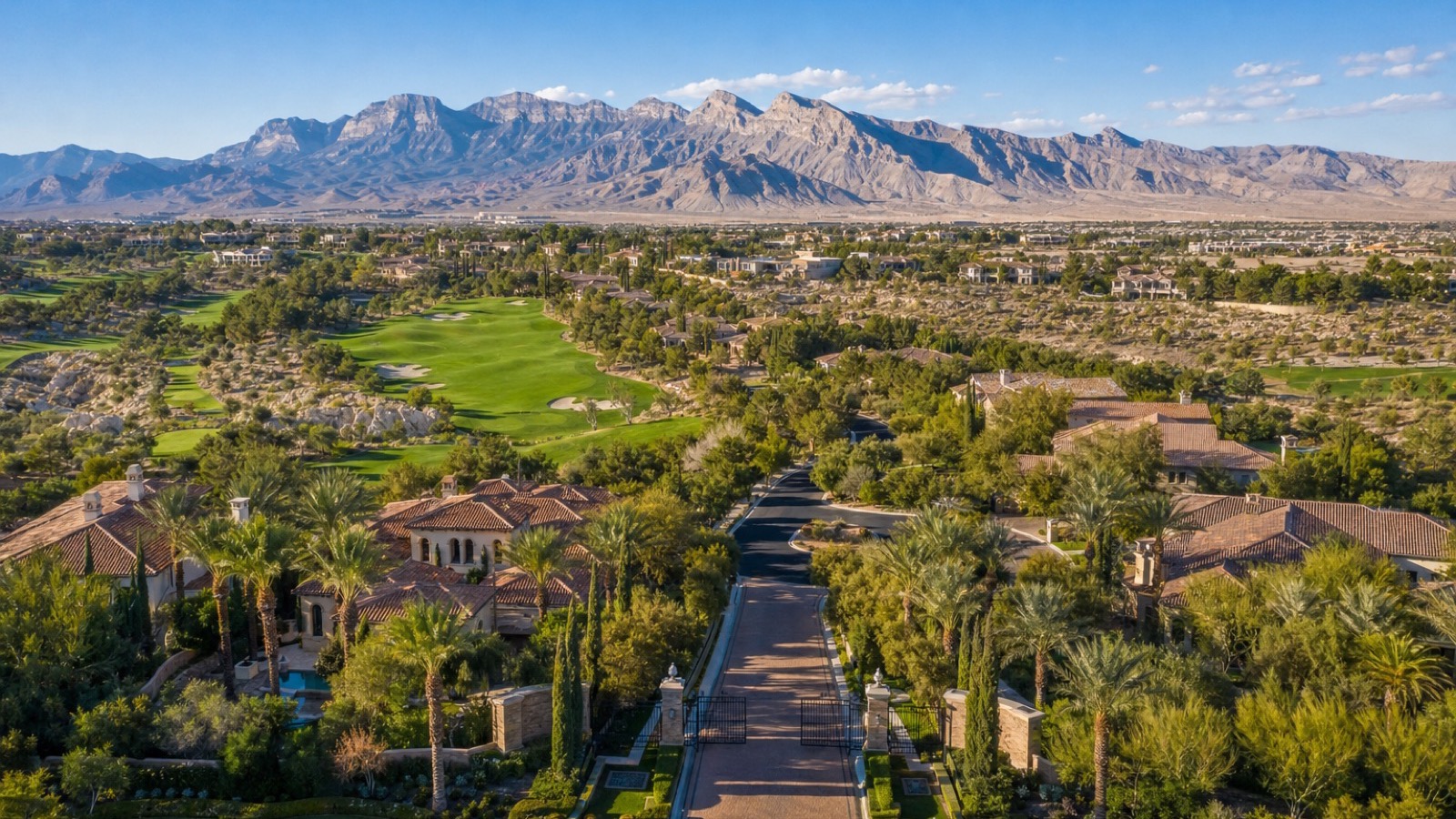 Aerial view of the Queensridge area in western Las Vegas showing an established gated luxury enclave with mature landscaping
