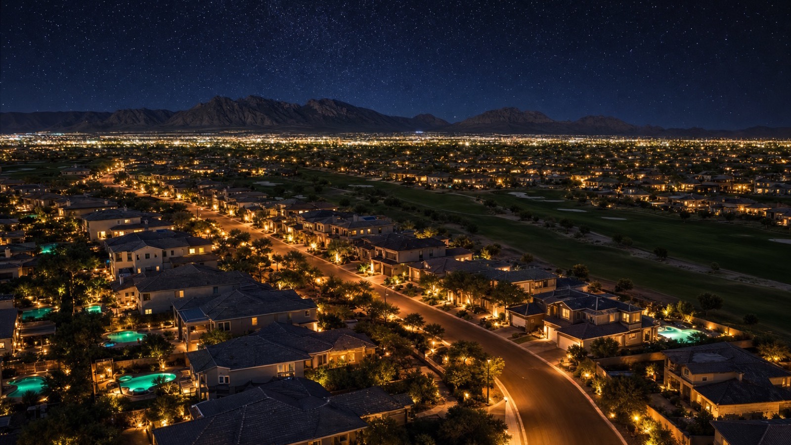 Night aerial of North Las Vegas near Aliante showing lit residential streets and the resort against the valley