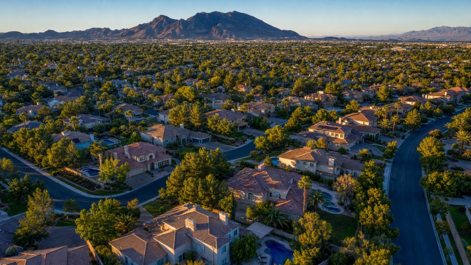 Aerial view of Green Valley Ranch in Henderson with The District town center, the highest Walk Score named neighborhood in the city