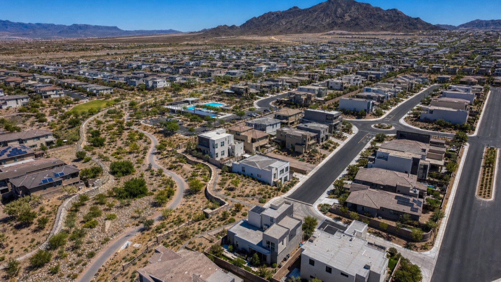 Aerial of Inspirada master plan in southwest Henderson showing village parks and trail loops