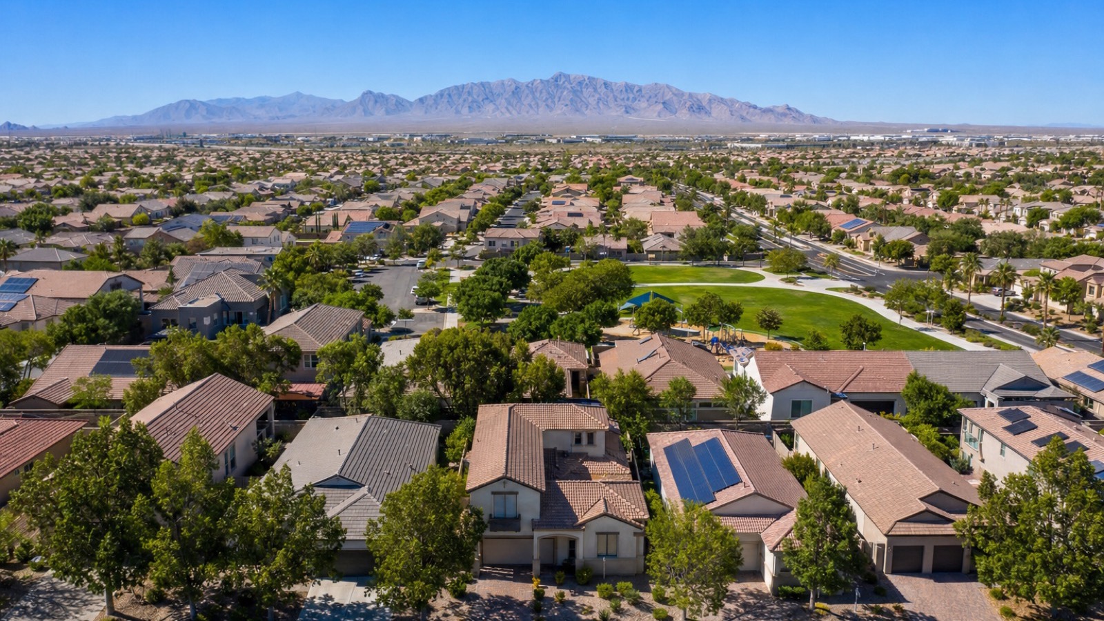 Aerial of Whitney Ranch homes in east Henderson, five minutes from the Water Street District