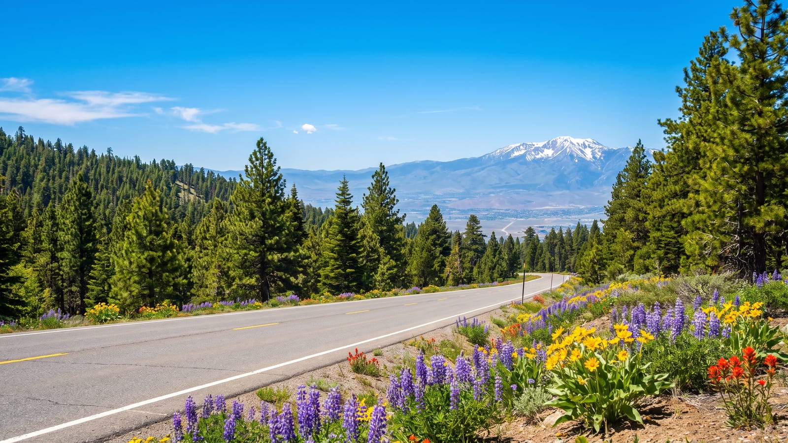 Mt Rose Highway winding up through sunlit pine forest above the Reno valley with a snow-dusted peak in the distance