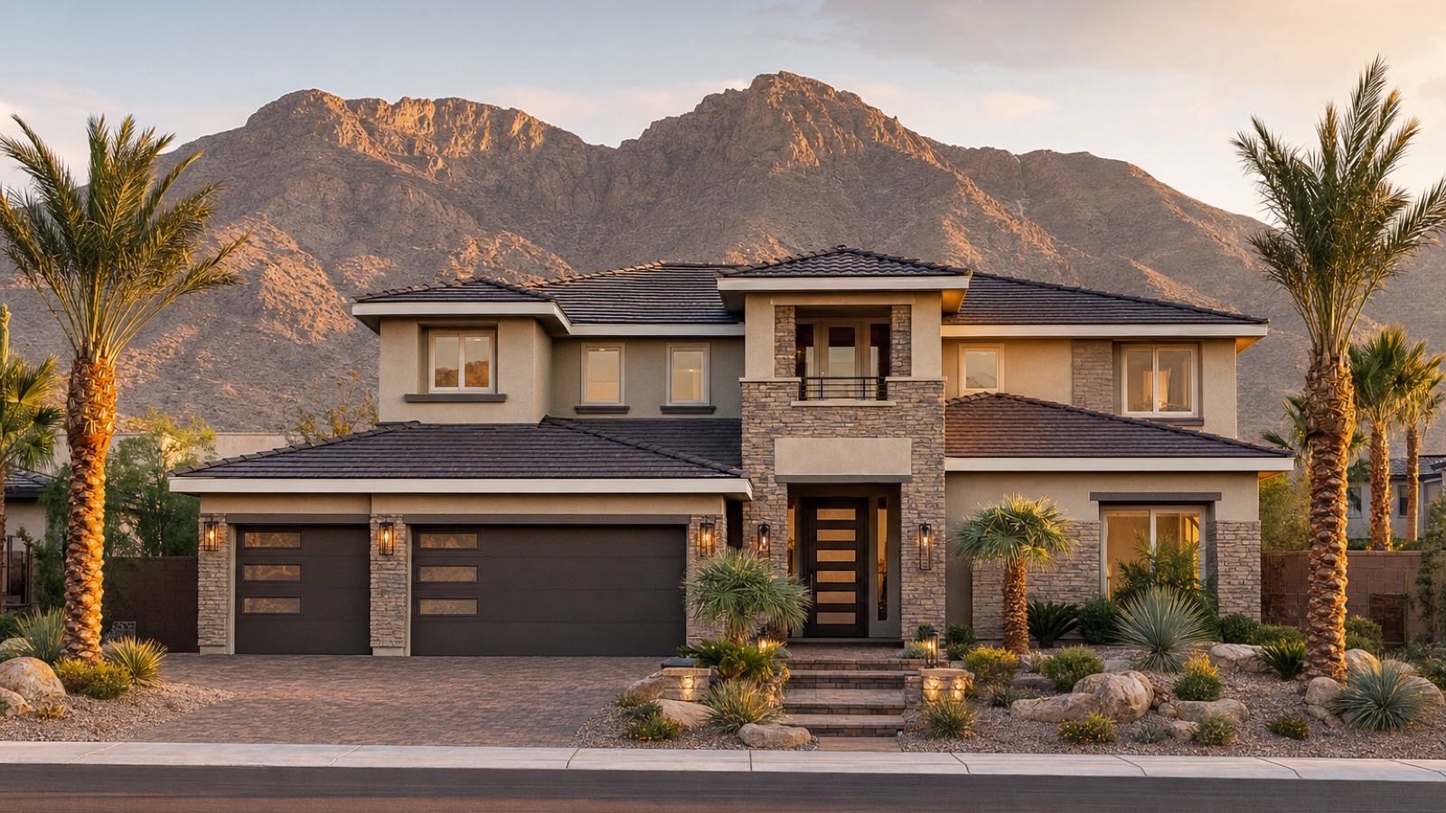 Two-story stucco resale home with a three-car garage and desert landscaping below the Spring Mountains in southwest Las Vegas