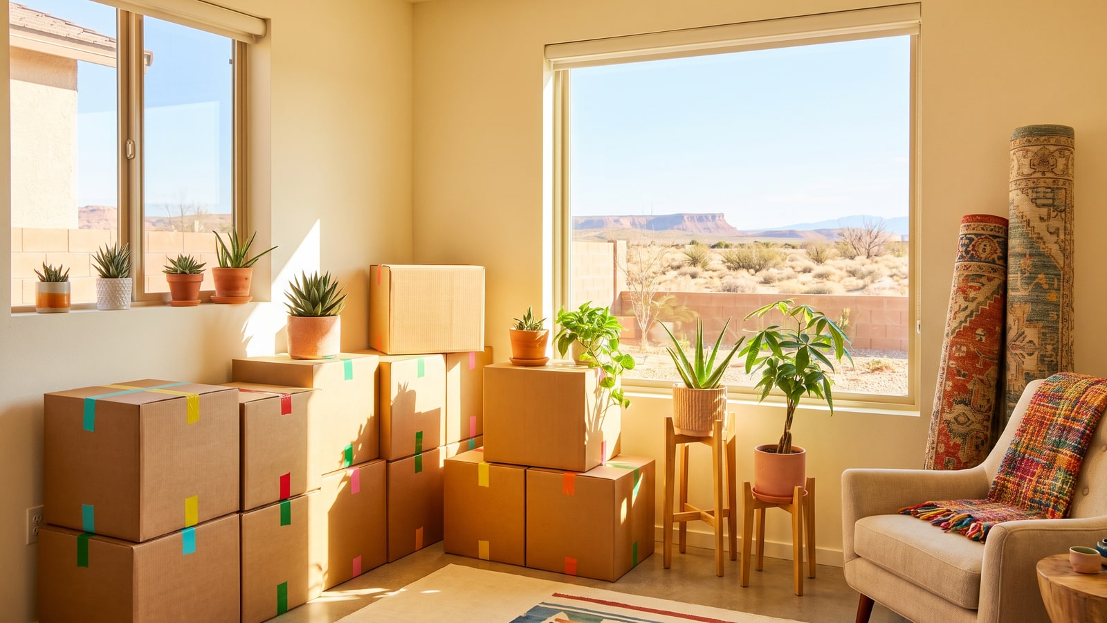 Sunny room in a Henderson home with neatly packed moving boxes ready for a spring move after a successful sale