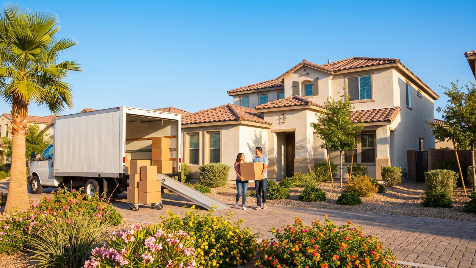 Couple carrying moving boxes from a moving truck into their new North Las Vegas home on a sunny day with desert landscaping