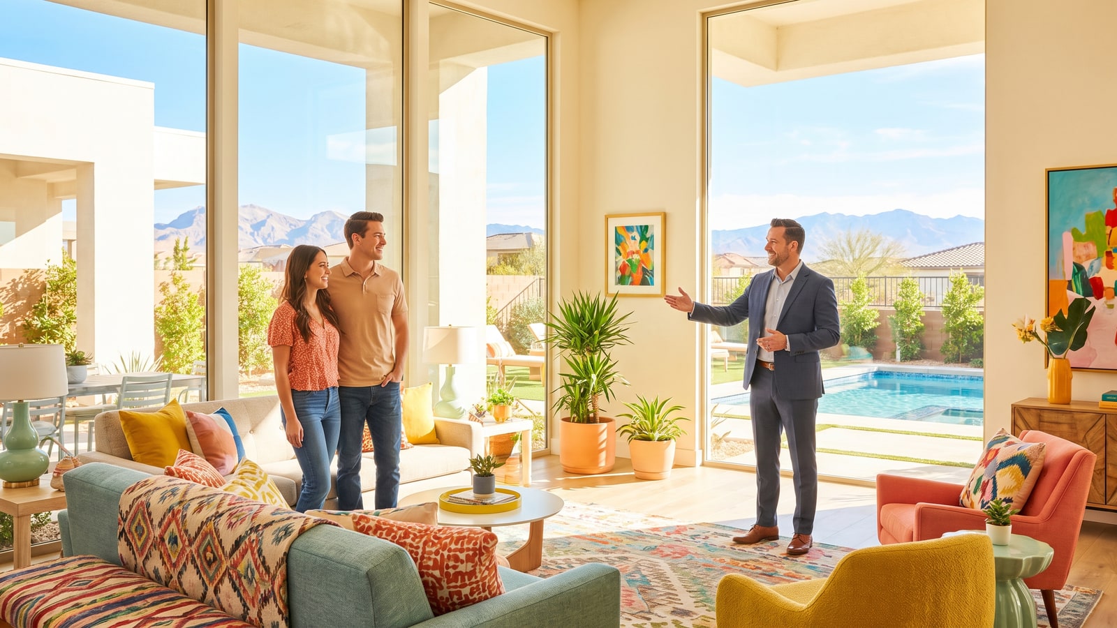 Nevada real estate agent showing a bright modern home interior with pool views to a happy young couple