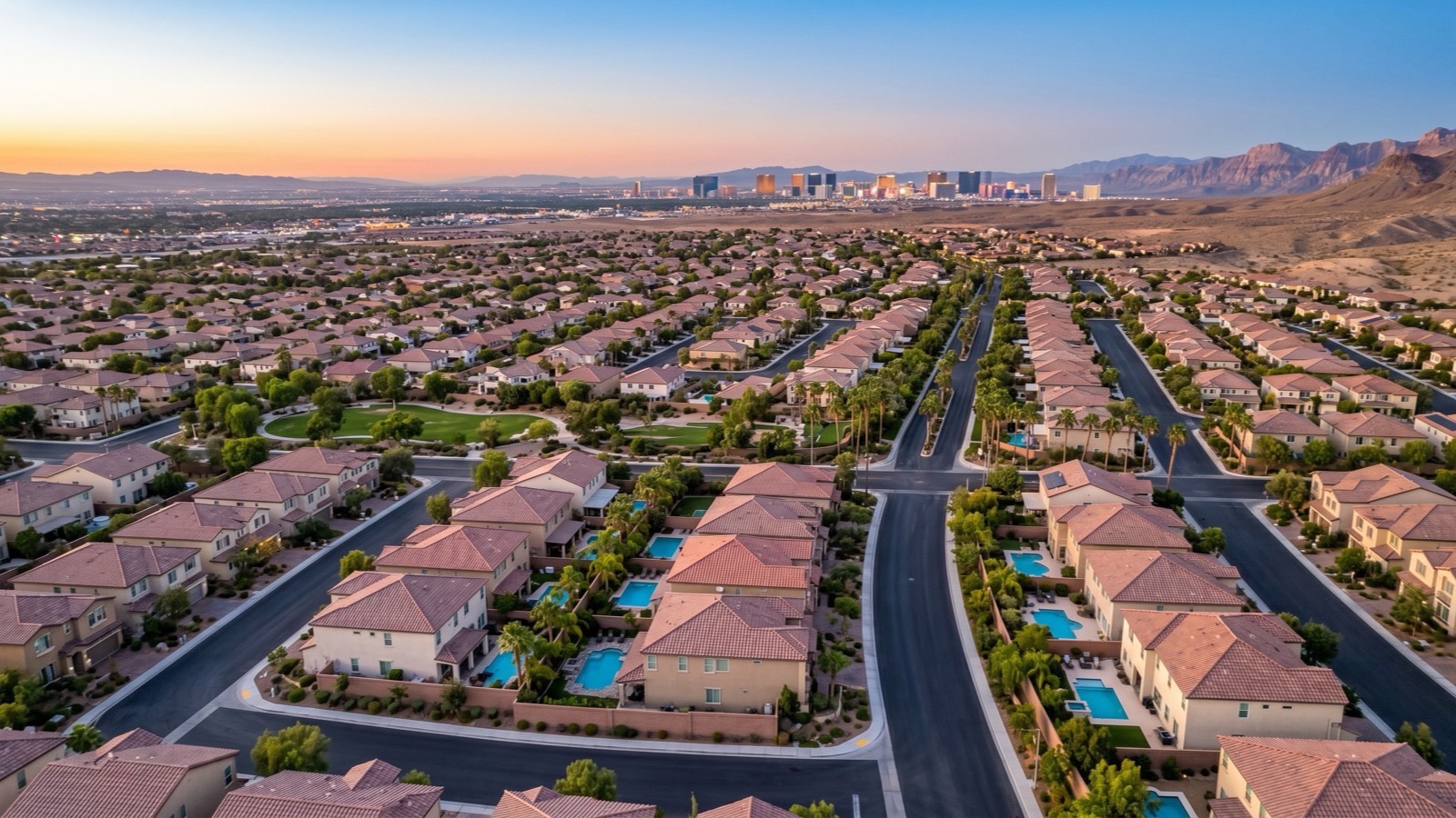 Illustration of single-family desert neighborhoods with a city skyline in the distance