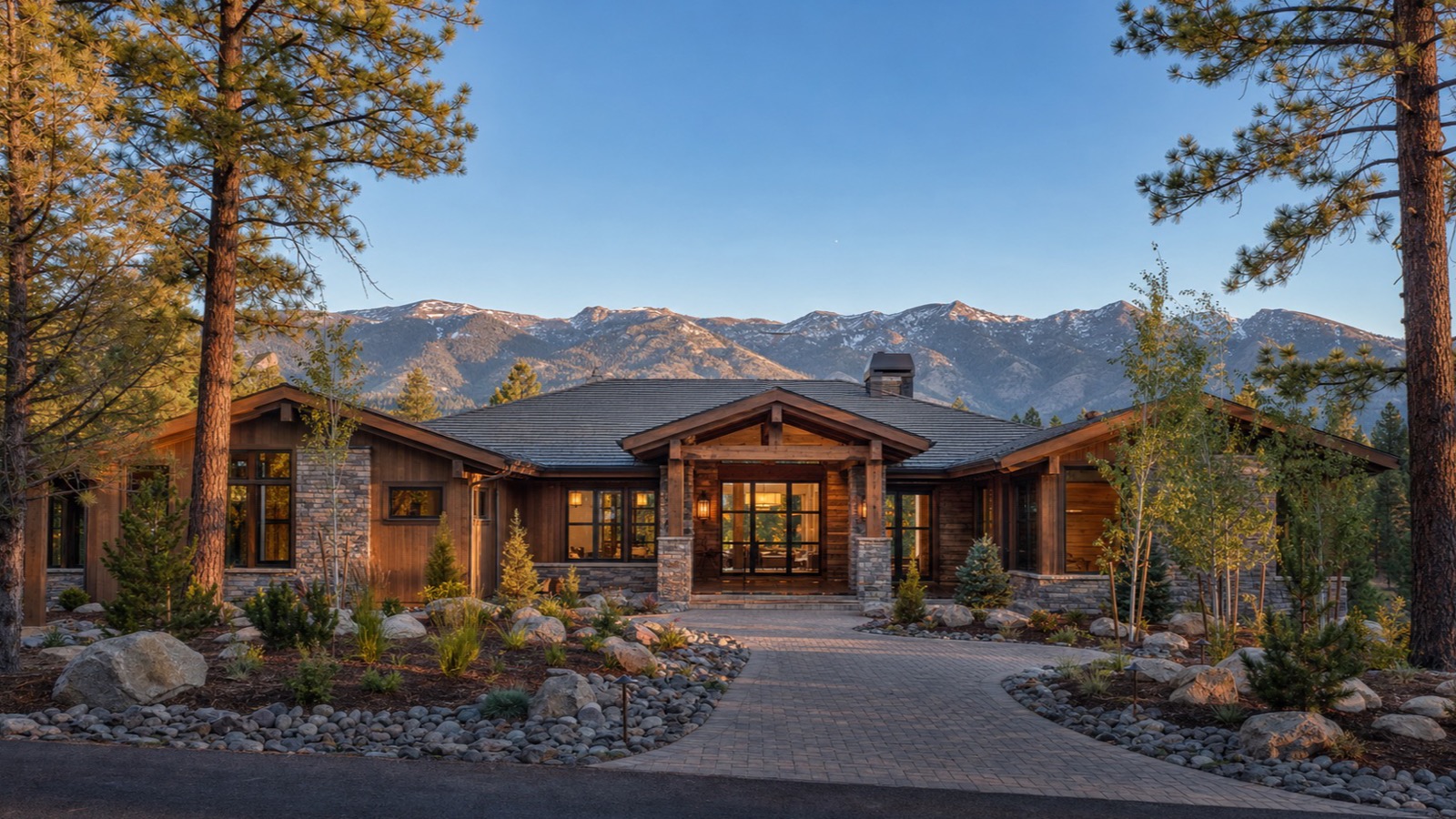 Mountain-craftsman home with stone and timber facade among pines below snow-dusted Sierra peaks near Carson City, where the transfer tax is the $1.95 base rate