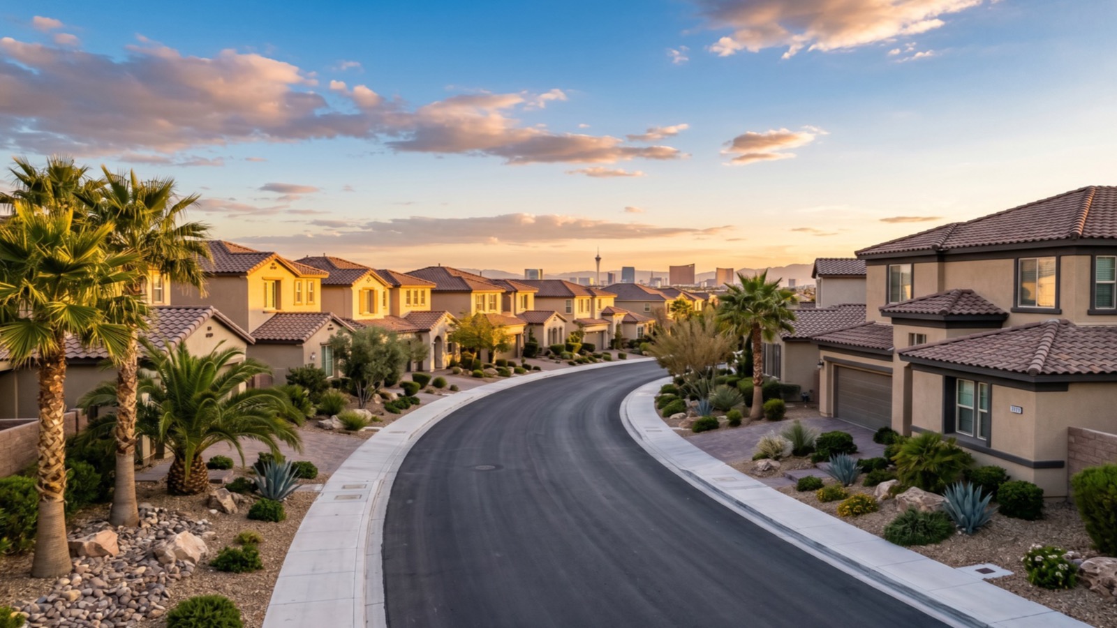 Stucco two-story homes along a curving Las Vegas street at golden hour with the Strip skyline in the distance, a Clark County neighborhood where the transfer tax is $2.55 per $500