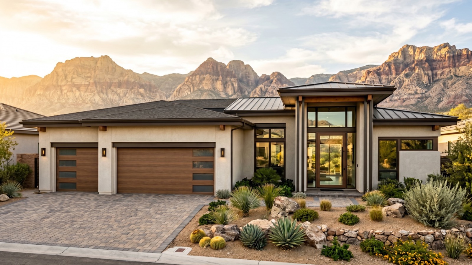 Modern single-story Summerlin luxury home with a stone-clad entry and desert landscaping below the Red Rock Canyon escarpment, where a $2,000,000 sale carries $10,200 in Clark County transfer tax