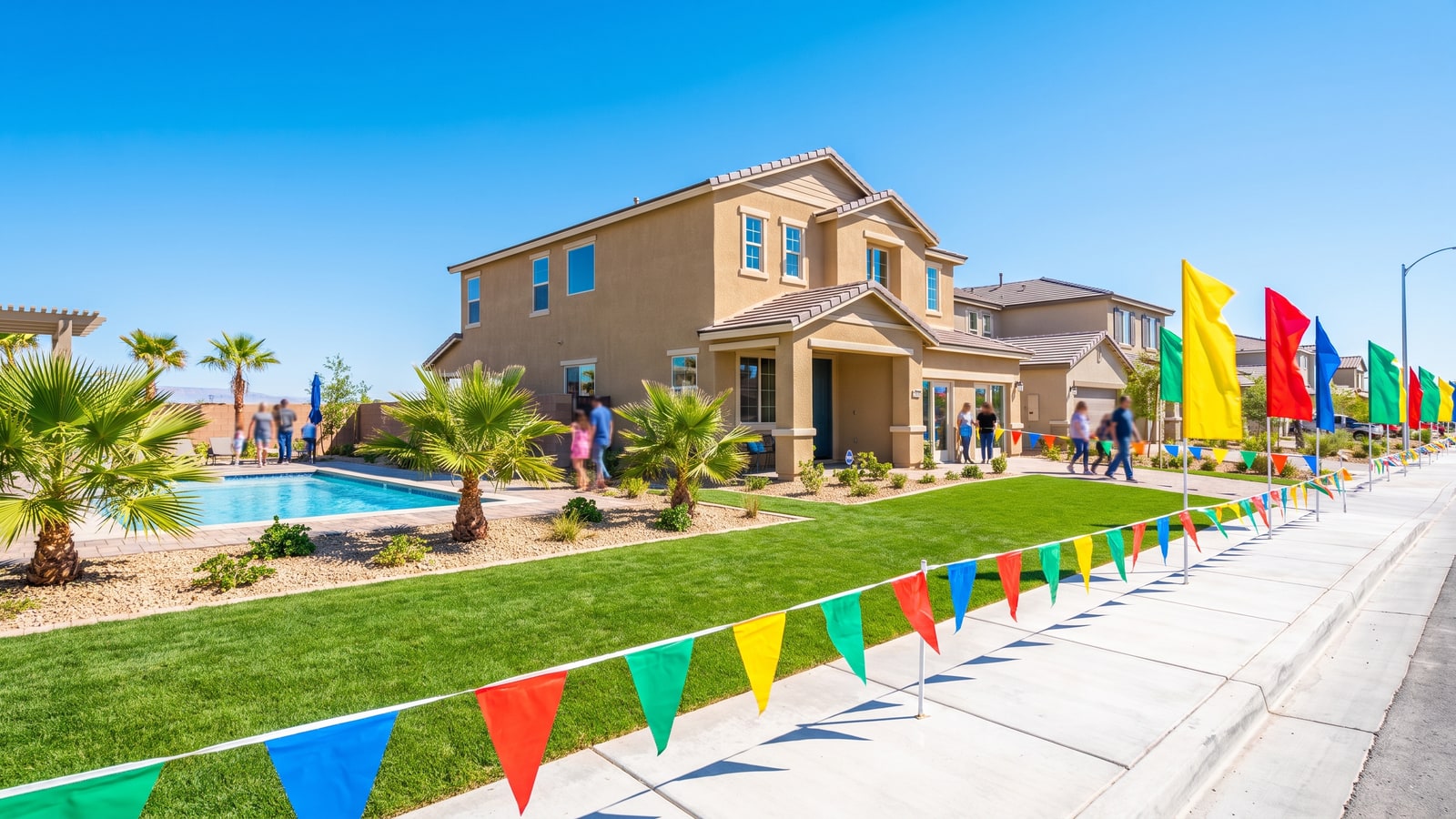 New construction model home with colorful builder flags and families touring in a North Las Vegas master-planned community