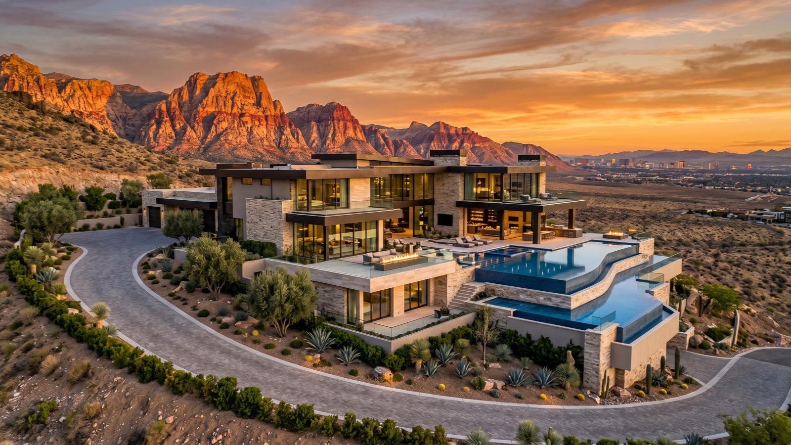 Hillside custom estate with stacked stone walls, glass walls and an infinity-edge pool on a curving drive below red sandstone mountains at sunset, Las Vegas Valley in the distance