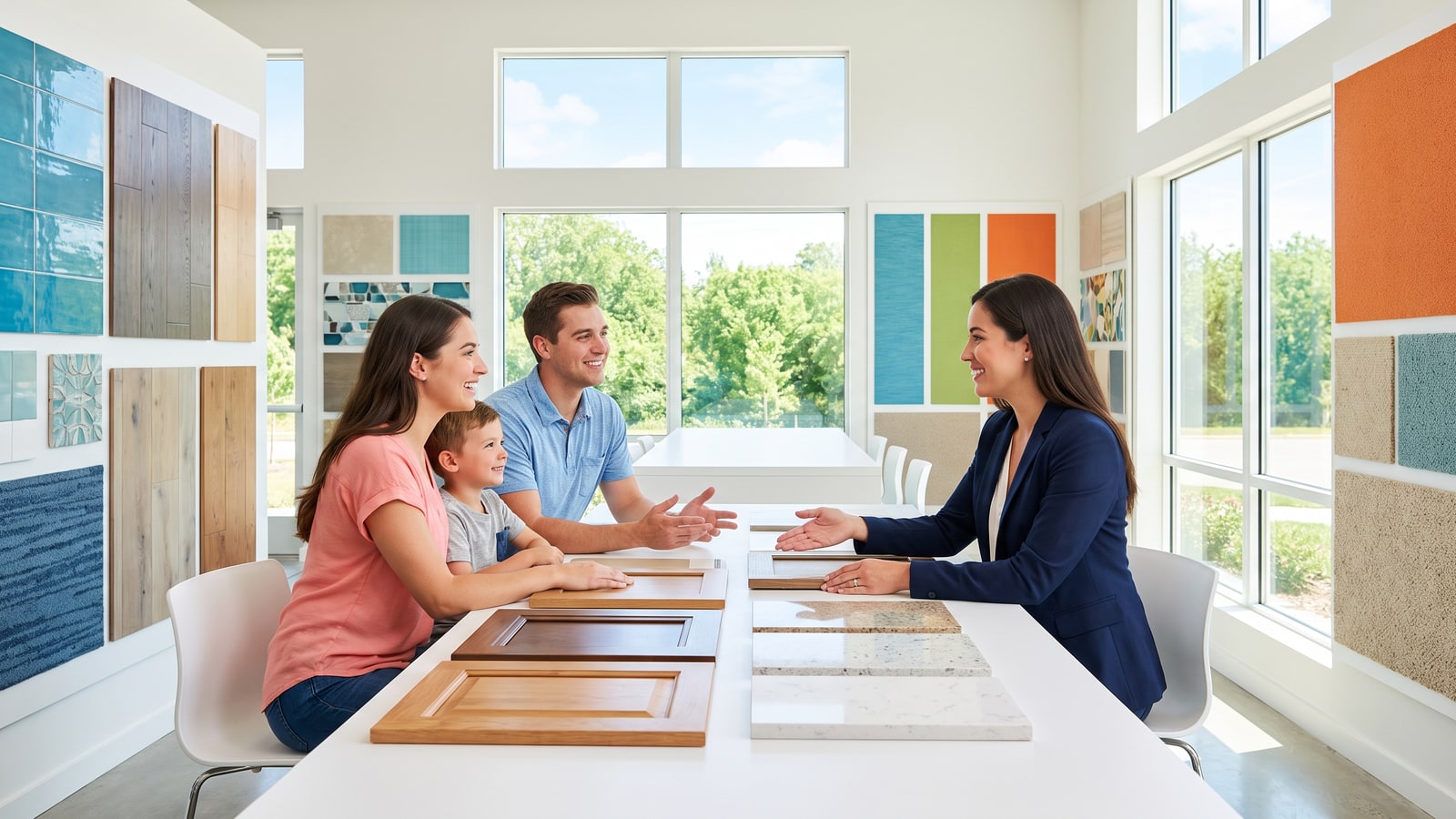 Young family reviewing cabinet and countertop samples with a design consultant at a bright builder design center serving North Las Vegas new construction buyers