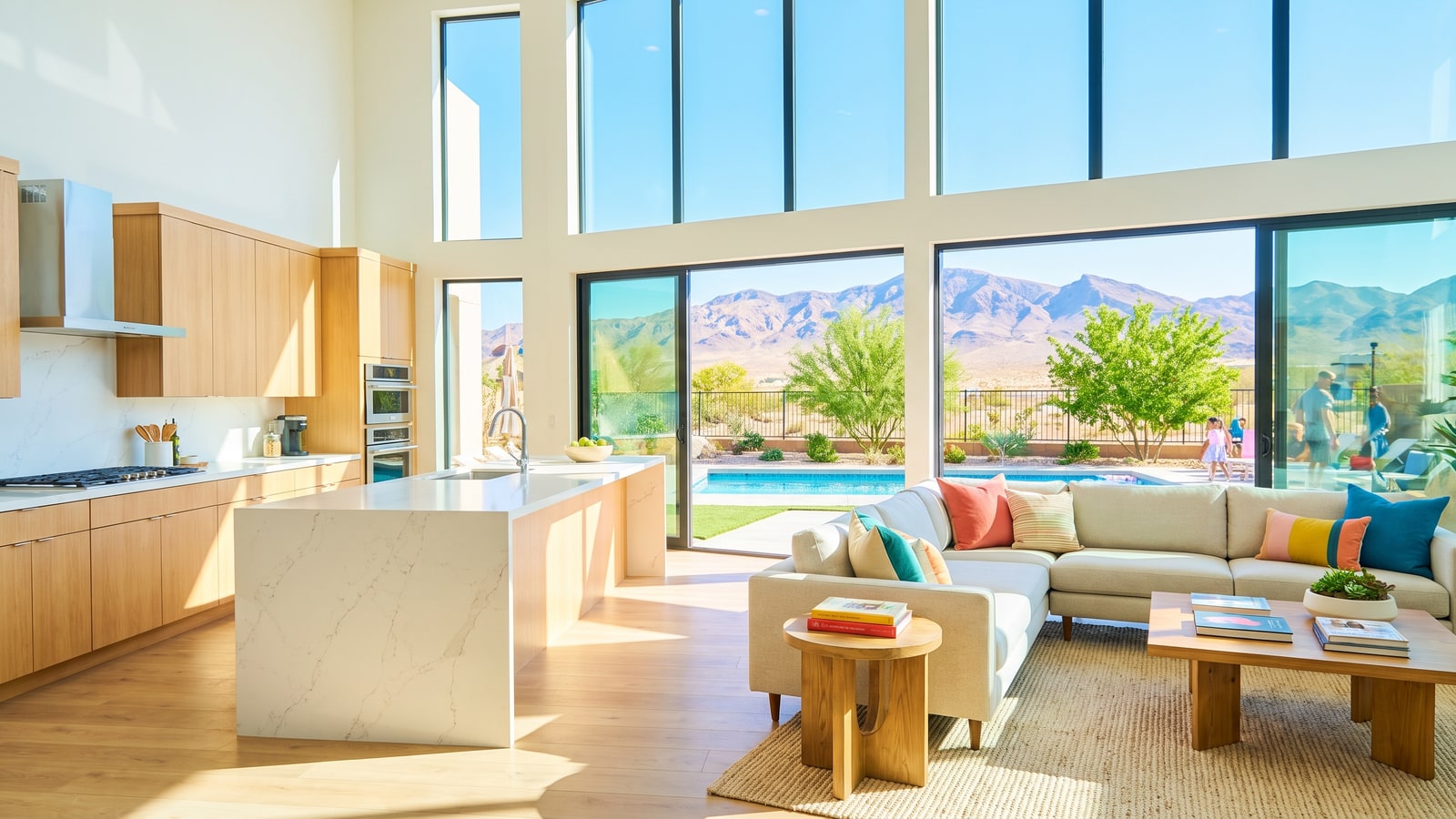 Bright staged model home great room in a new North Las Vegas community with quartz waterfall island, tall windows, backyard pool, and desert mountain views