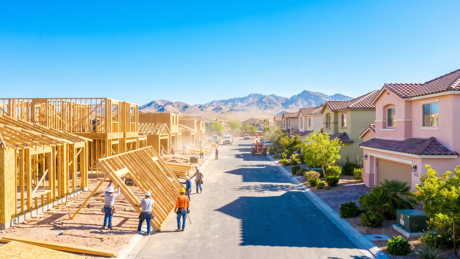 Framing crews raising wood-frame walls on a new construction street in North Las Vegas with finished stucco homes and the Sheep Range under a bright blue sky