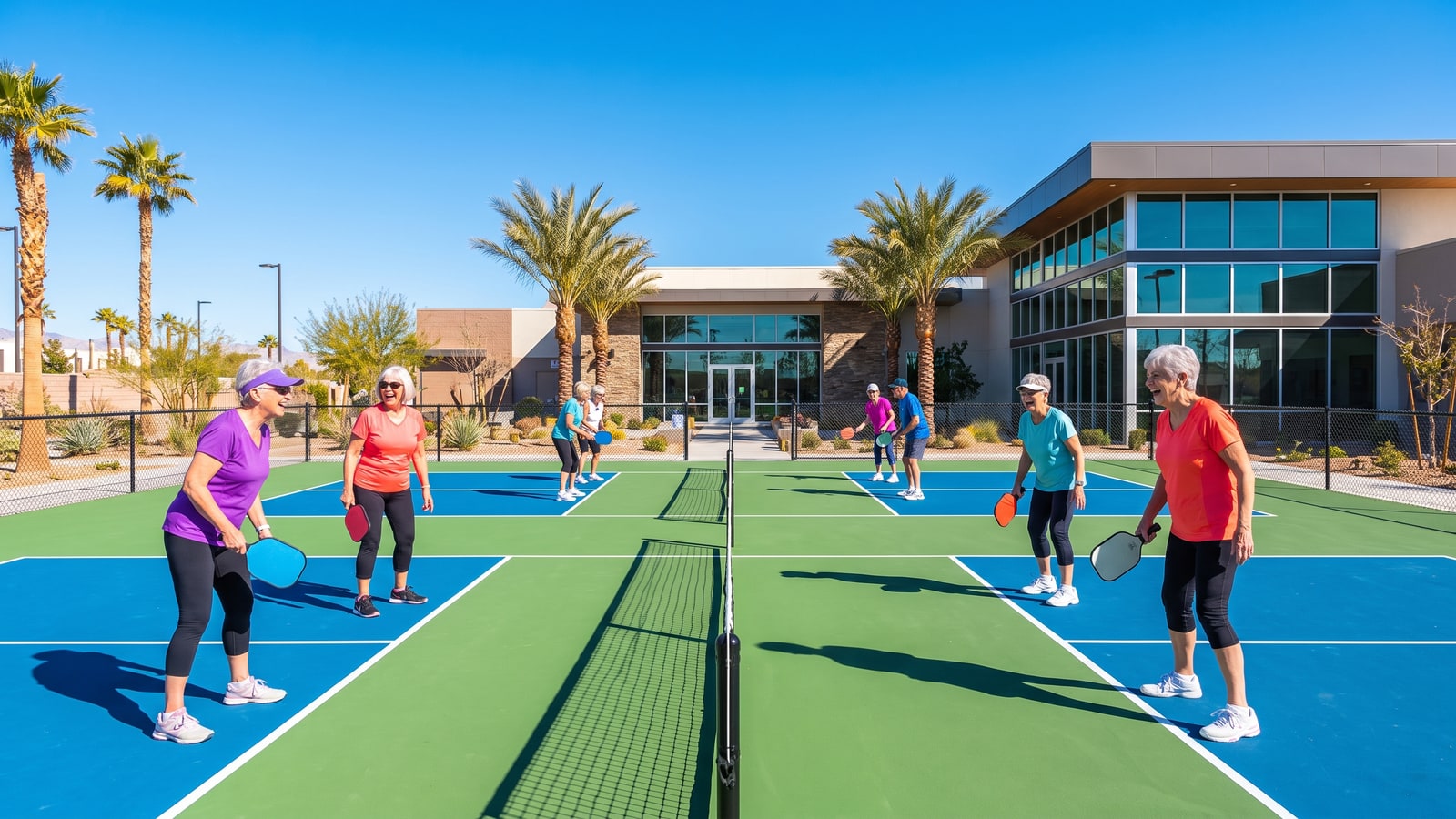 Smiling active seniors playing pickleball on bright blue and green courts at a North Las Vegas community recreation center