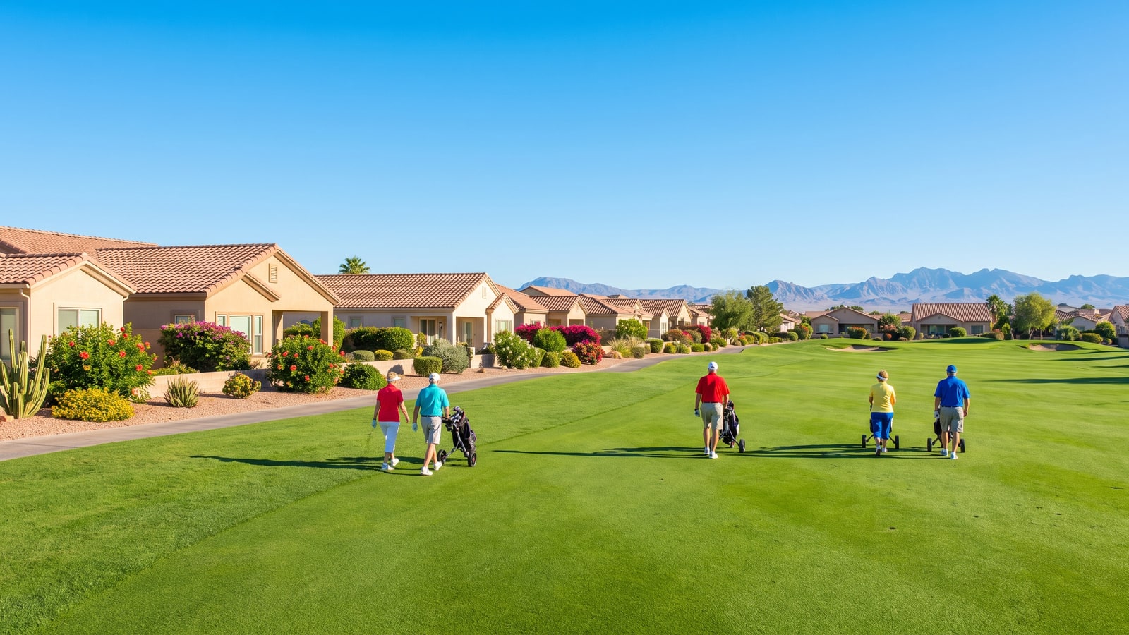 Senior golfers walking a green fairway past single-story homes in a North Las Vegas 55+ active-adult community on a sunny morning
