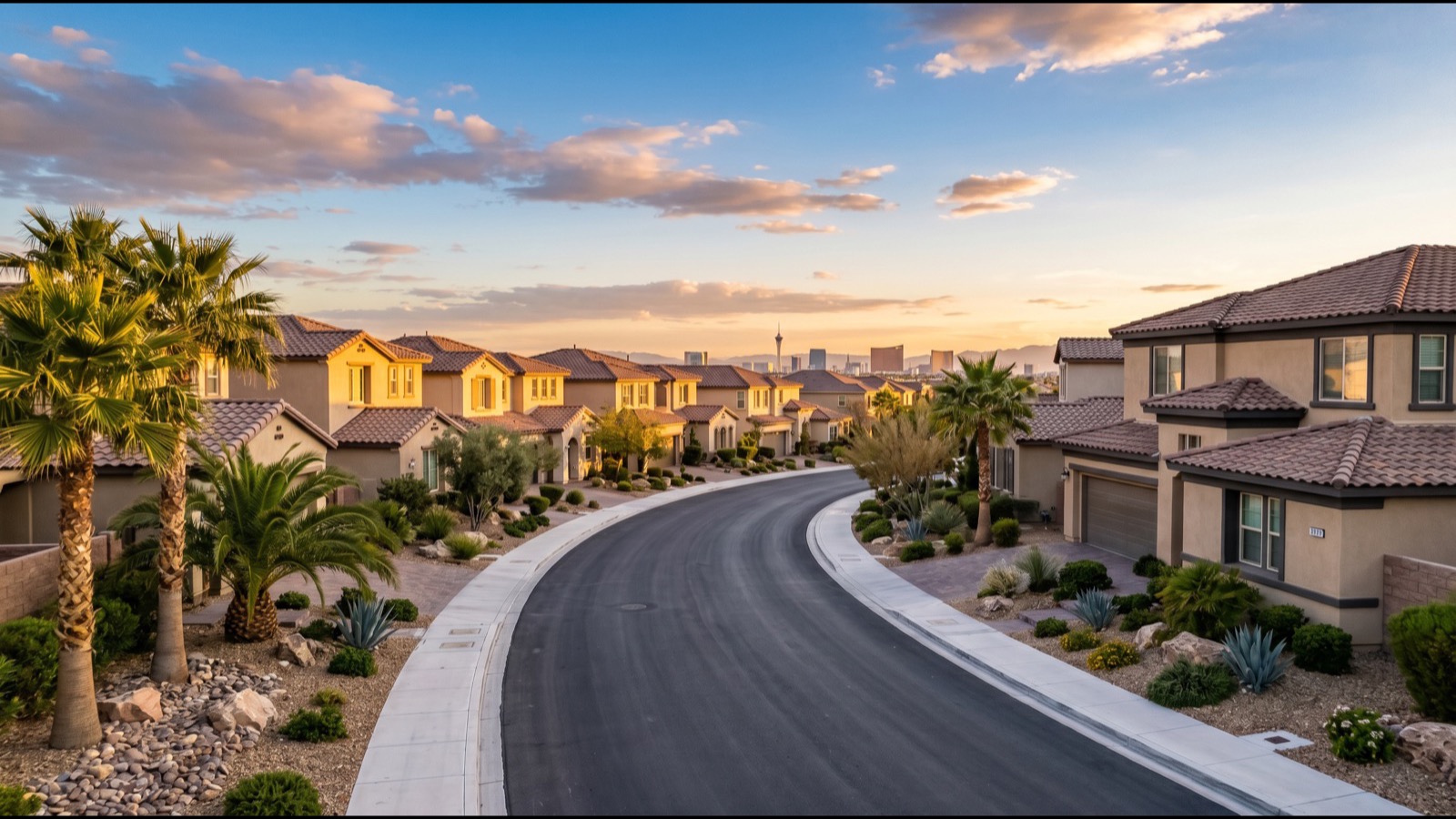Aliante master-plan streetscape with landscaped park frontage and family homes in North Las Vegas