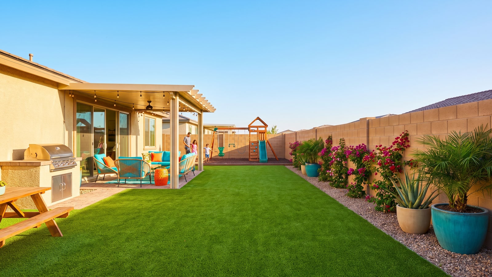 Bright family backyard of a new North Las Vegas home with green turf lawn, covered patio, string lights, and a kids play set