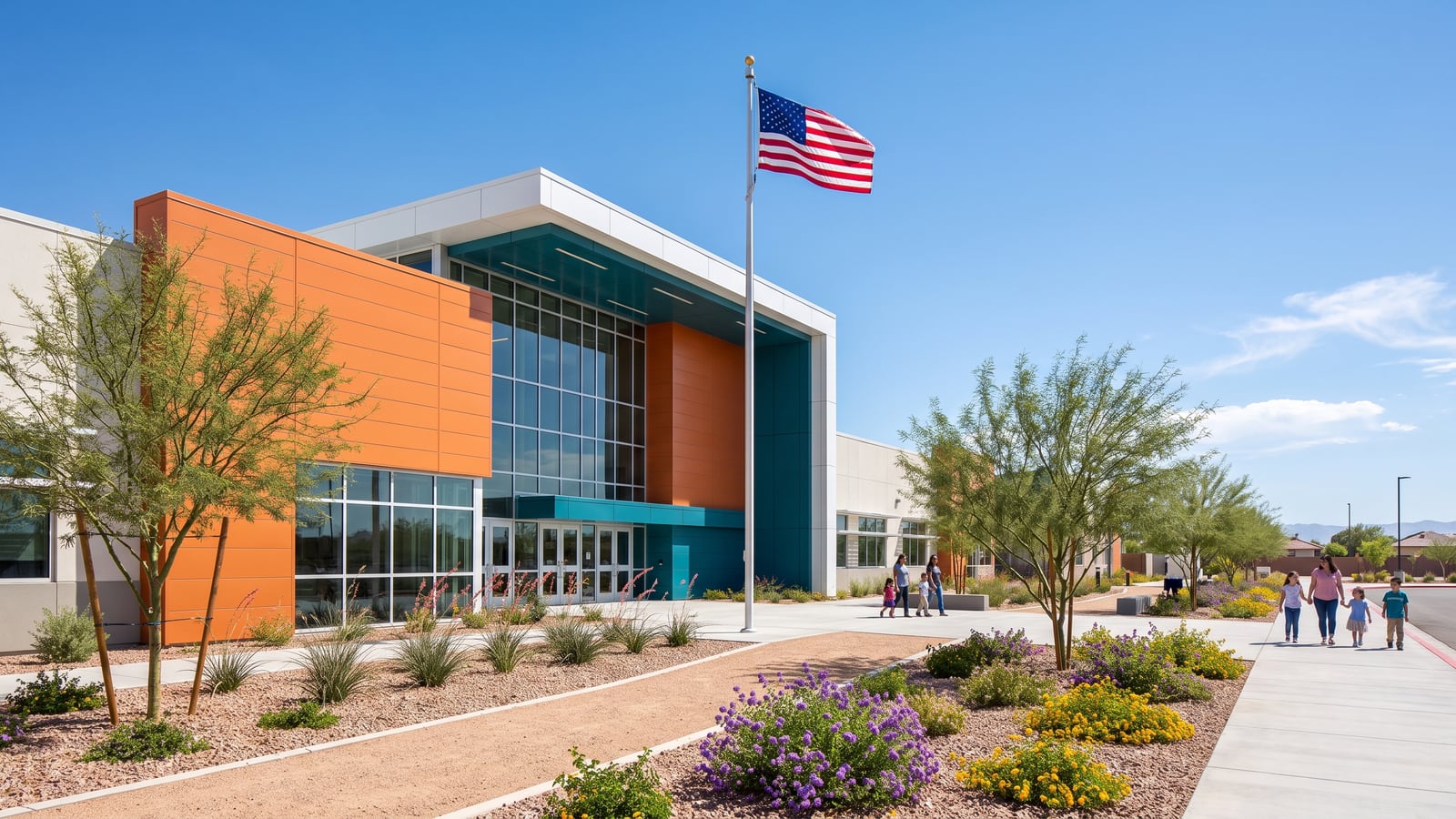 Bright modern new school building exterior in a growing North Las Vegas master-planned community