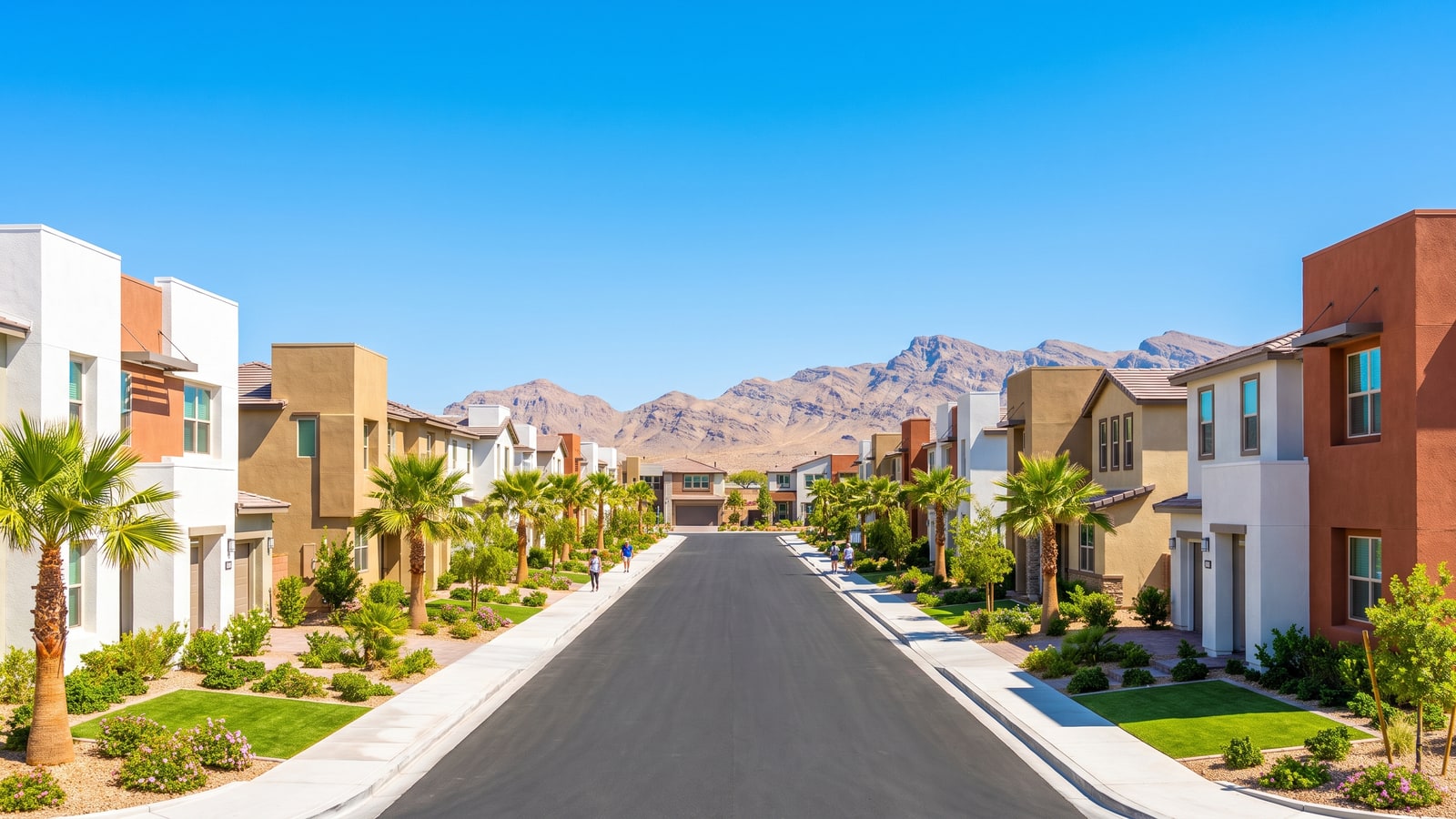 Brand-new master-planned community street in North Las Vegas with colorful desert-modern homes, palm trees, and mountain views