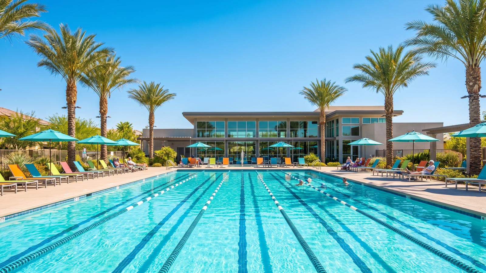 Resort-style lap pool with turquoise water, palm trees, and colorful lounge chairs at a North Las Vegas active-adult recreation center