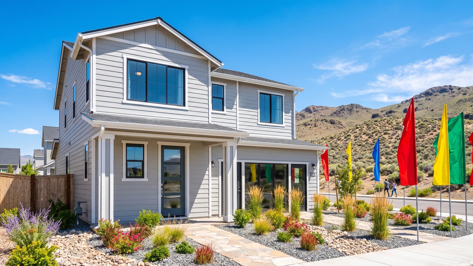 New-construction model home with builder flags in the North Valleys of Reno Nevada under a bright blue sky