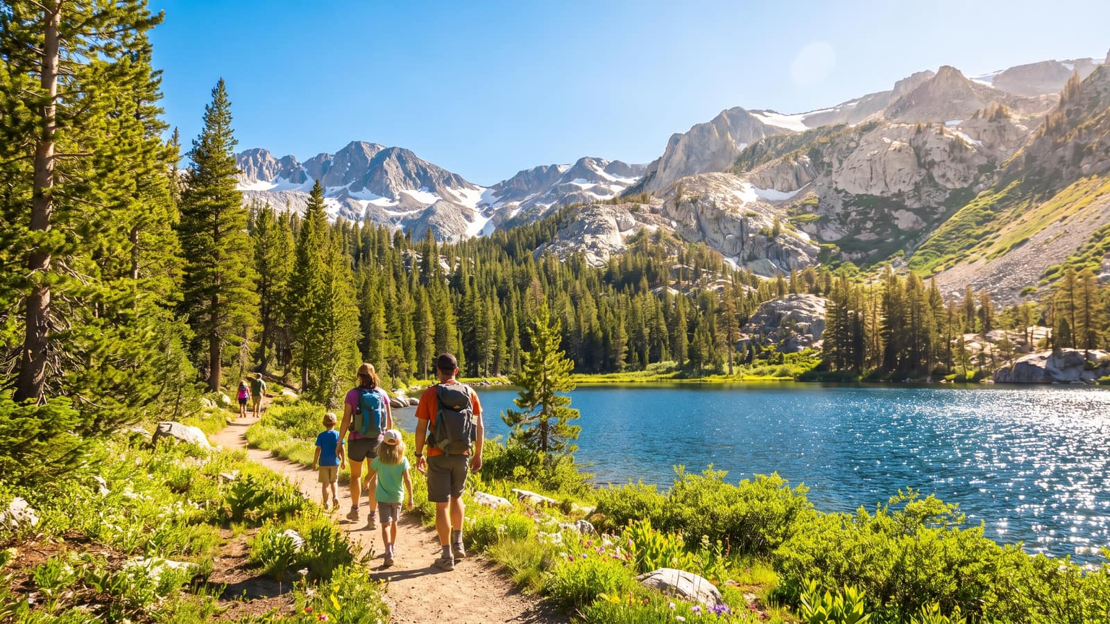 Family hiking a sunny trail beside a sparkling blue alpine lake at the foot of the granite Sierra Nevada mountains near Carson City and Reno