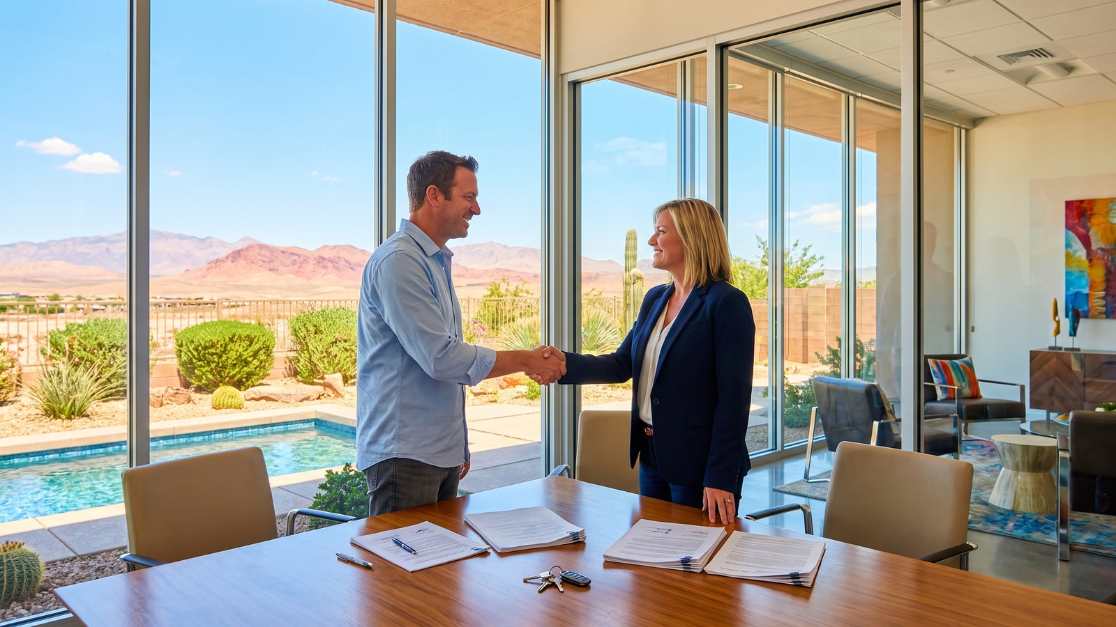 Las Vegas real estate agent shaking hands with a home seller at a closing table with desert mountain views in 2026