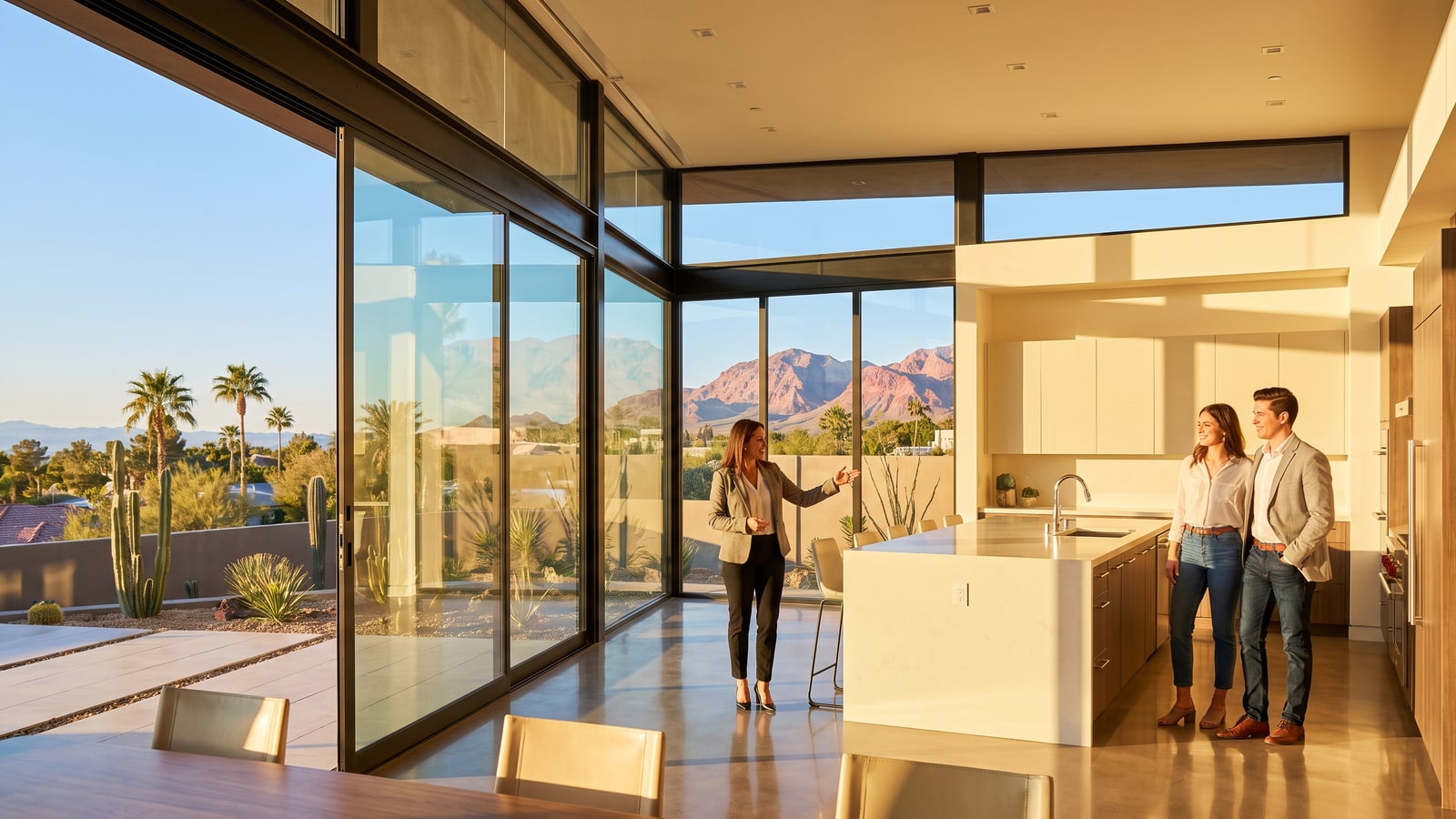 Relocating healthcare couple touring a Las Vegas home with their agent in 2026