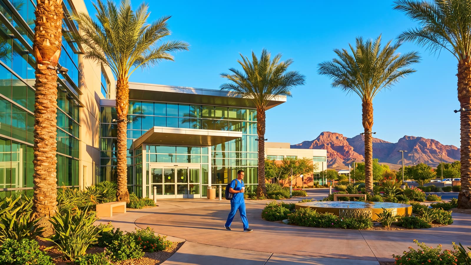 Nurse arriving for a shift at a Las Vegas hospital campus after relocating in 2026