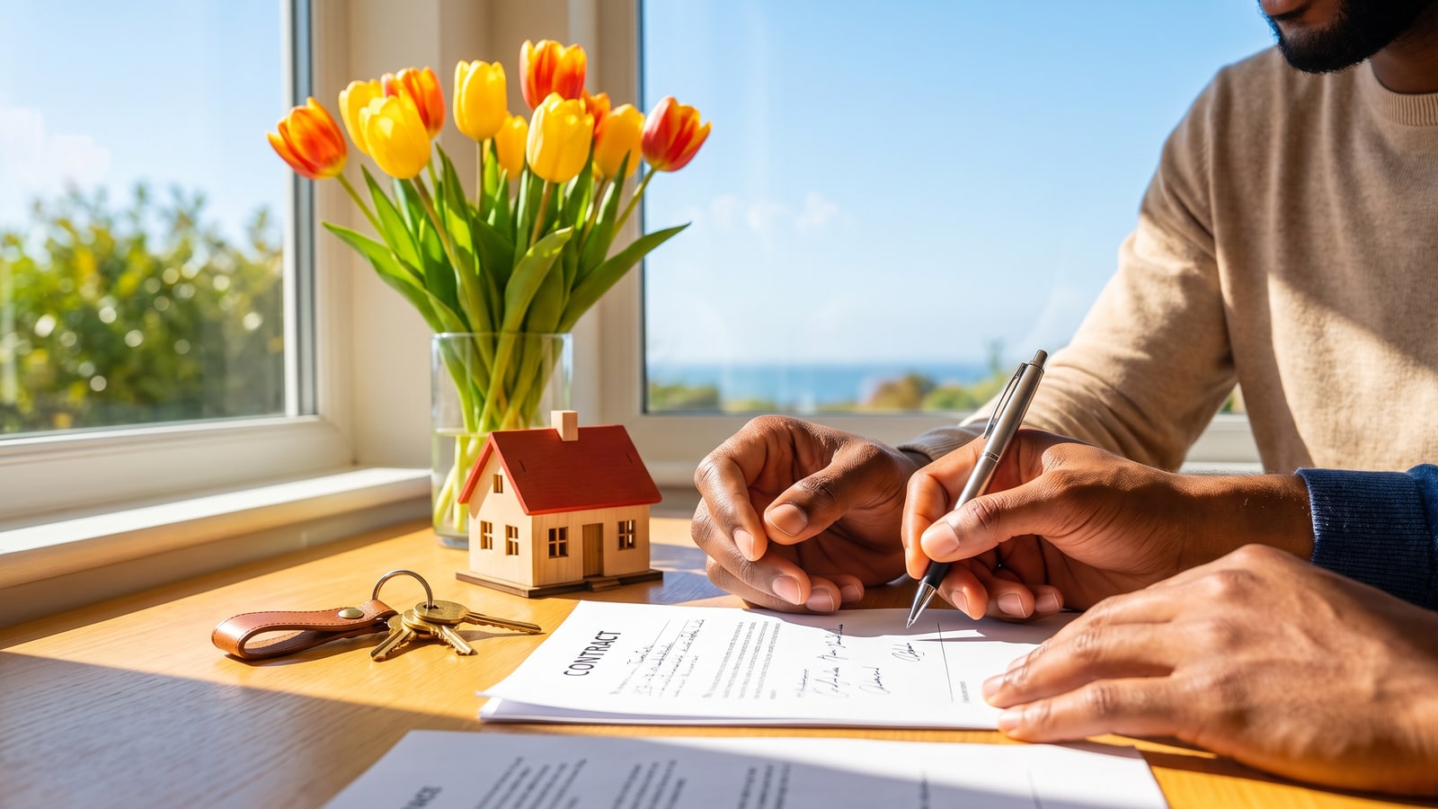 Buyer signing a North Las Vegas home purchase contract at a sunlit desk with house keys and a model home nearby