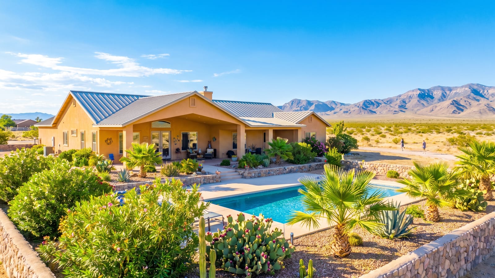 Single-story ranch-style home on a large desert lot in Pahrump Nevada with open land and mountains