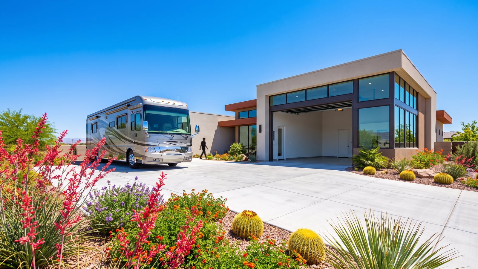 Modern Pahrump Nevada home with oversized RV garage and Class A motorhome on a wide concrete pad under a bright blue sky