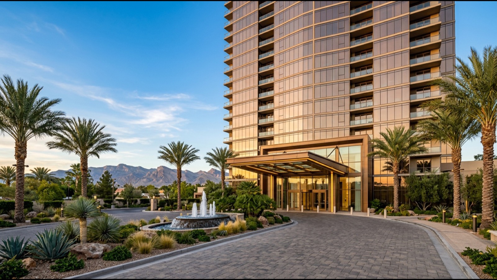 Porte-cochere and glass facade of a Las Vegas luxury residential tower at sunset with mountains behind