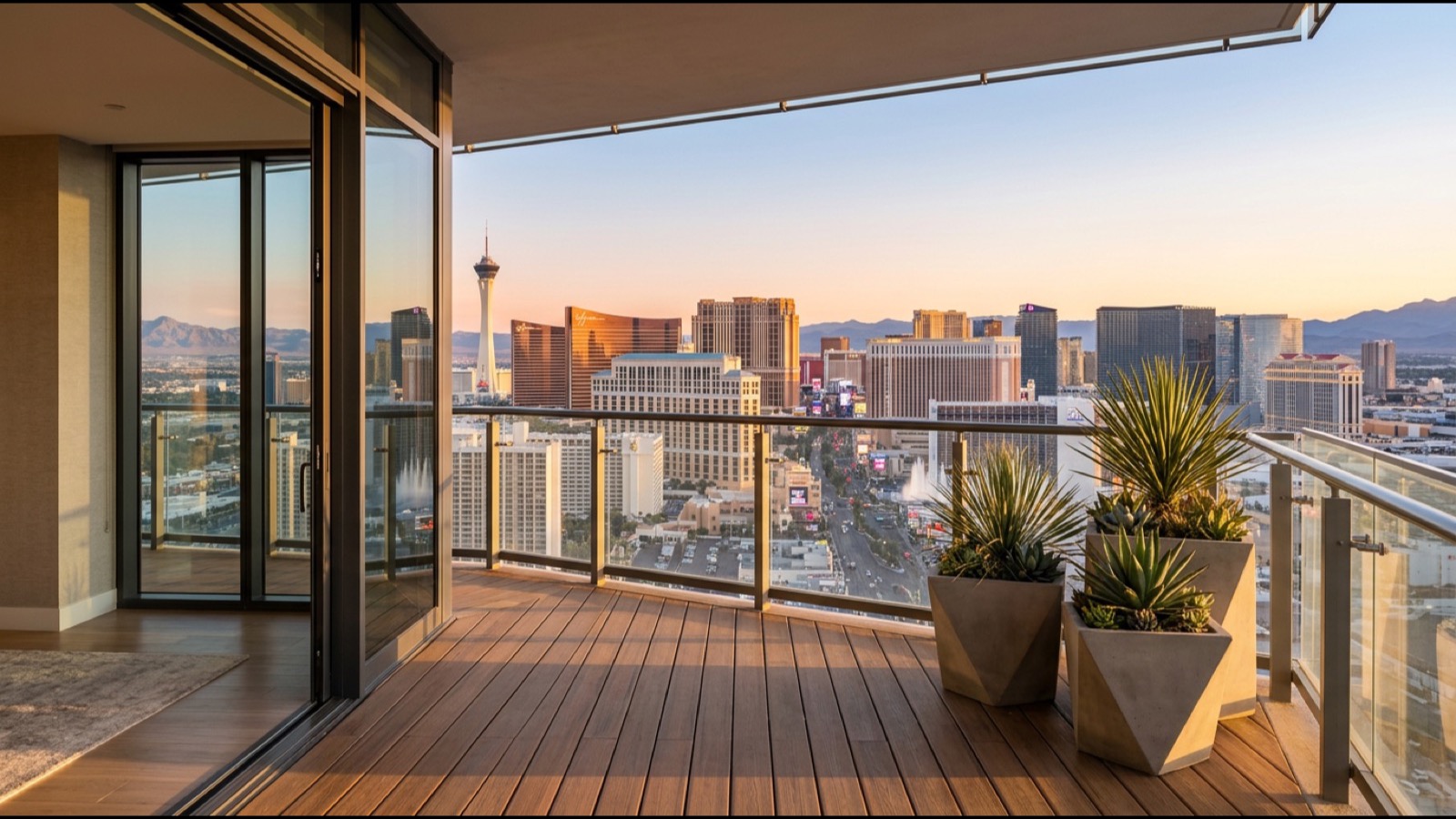 Resort-style pool deck and cabanas at the base of a Las Vegas luxury condominium tower