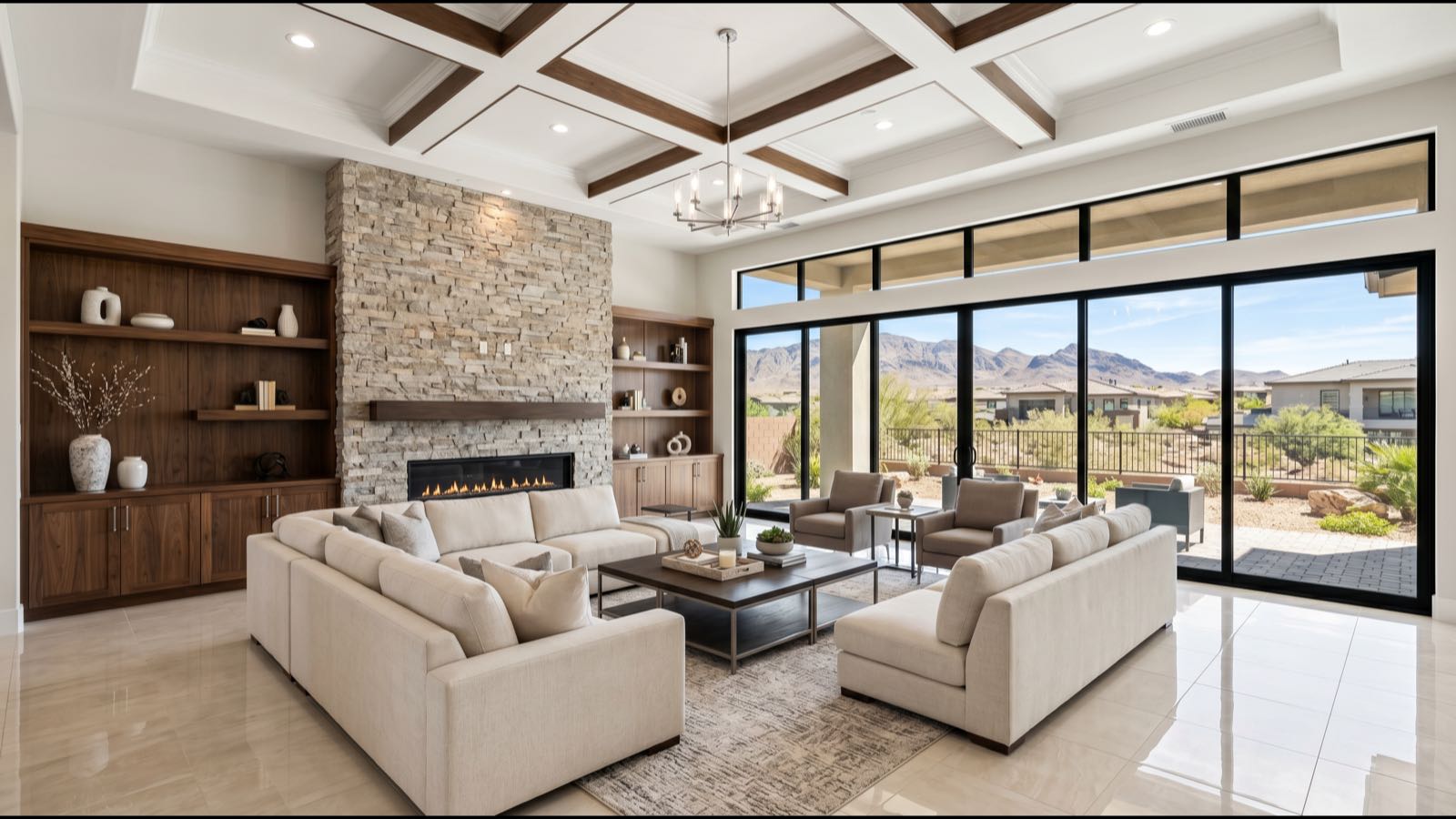 Finished great room in a new Las Vegas home with a stacked-stone fireplace, coffered ceiling and a wall of sliding glass doors facing the mountains