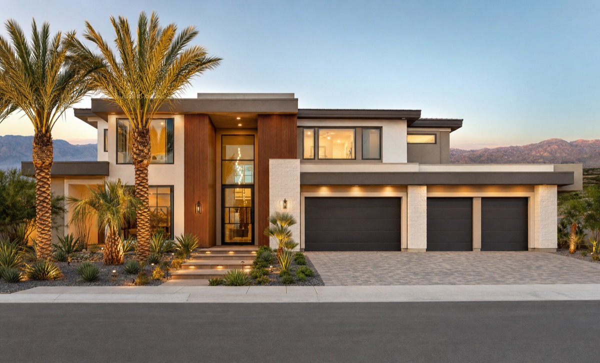 Production-builder master-plan homes in a Henderson community, the most common Las Vegas new-construction path