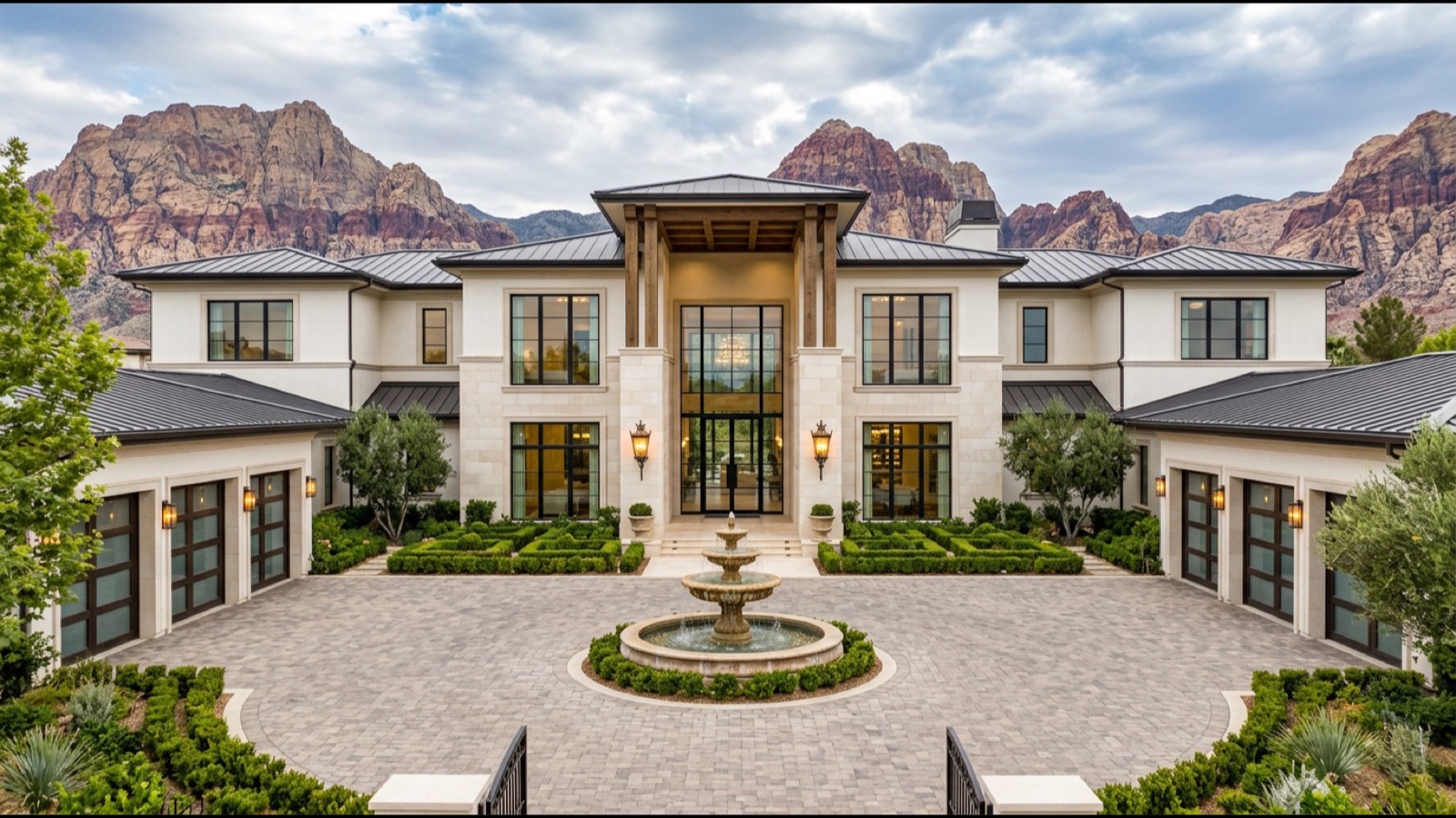 Rancho Bel Air 2020s contemporary modern custom rebuild estate with flat roof full-height glazing natural stone exterior and integrated pool deck at twilight