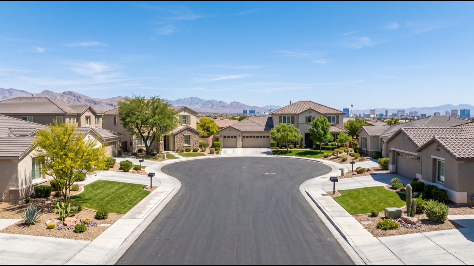 Aerial view of a Las Vegas cul-de-sac of tile-roofed single-family homes with desert landscaping and the Strip skyline on the horizon, the kind of home whose sale funds a move out of Nevada