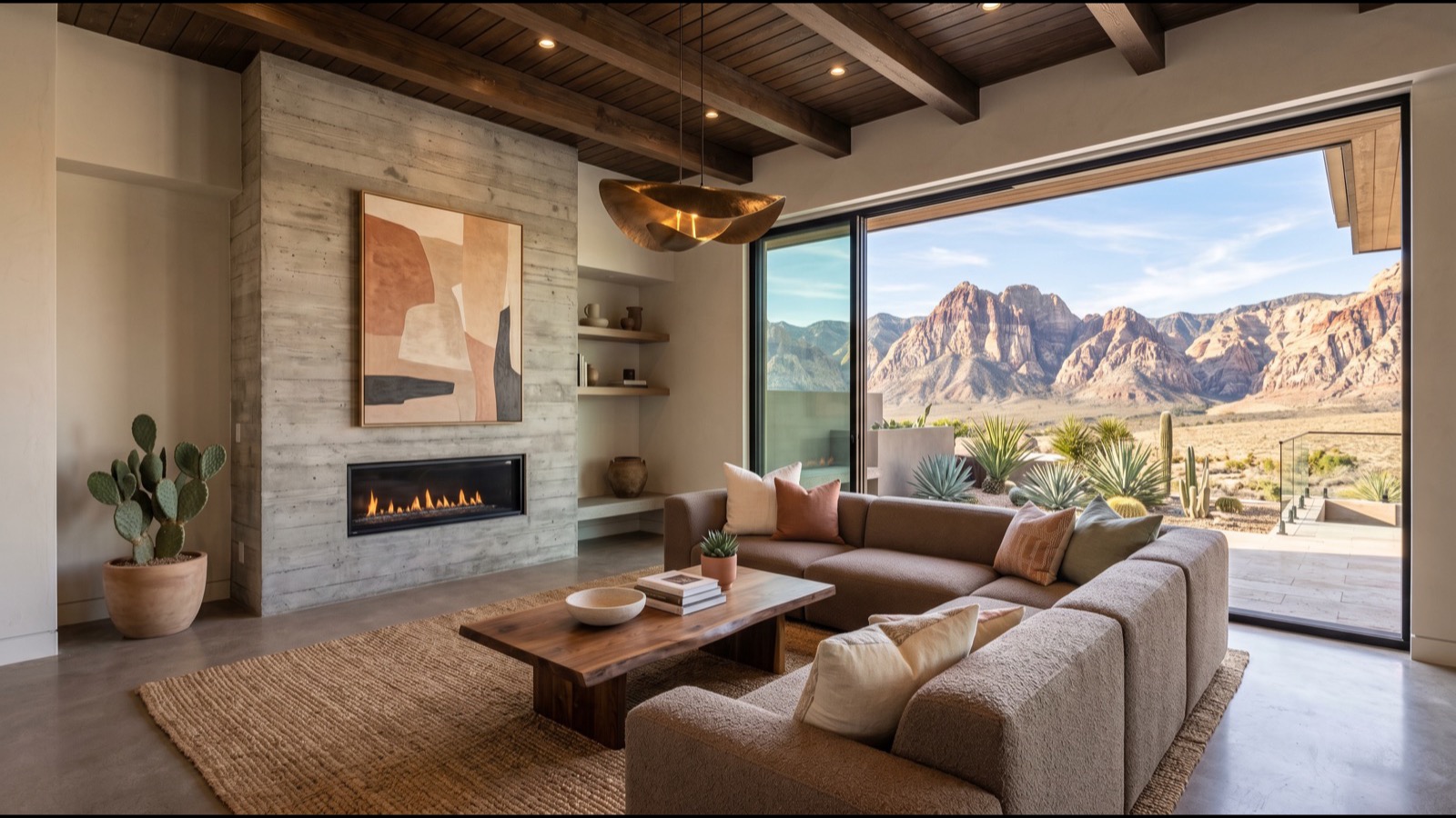 Furnished Las Vegas living room with a wall of glass framing Red Rock Canyon, the kind of staged presentation that keeps a listing in the 0-to-14-day bracket where sellers kept 100% of list price